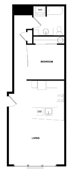 Floor plan for 1 bed, 1 bath, 690 sqft